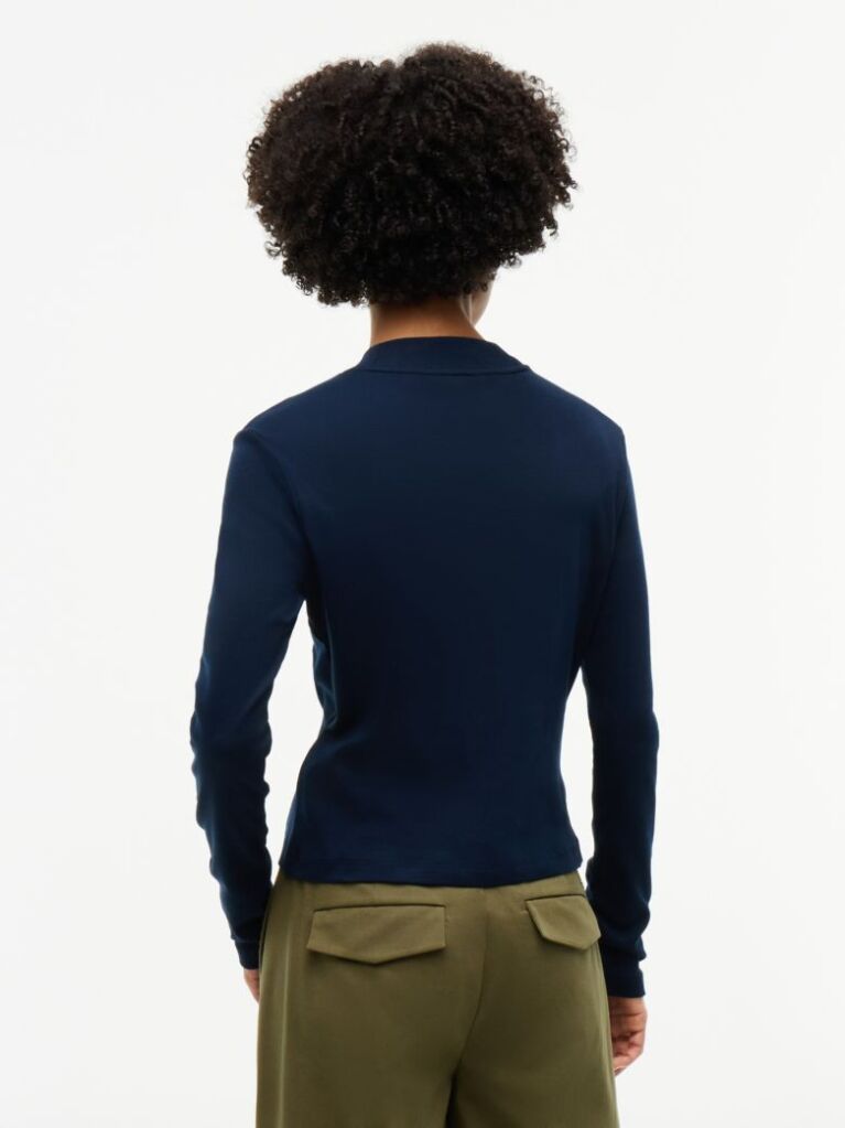 Blue Mock Neck Slim Long Sleeve Top  Women