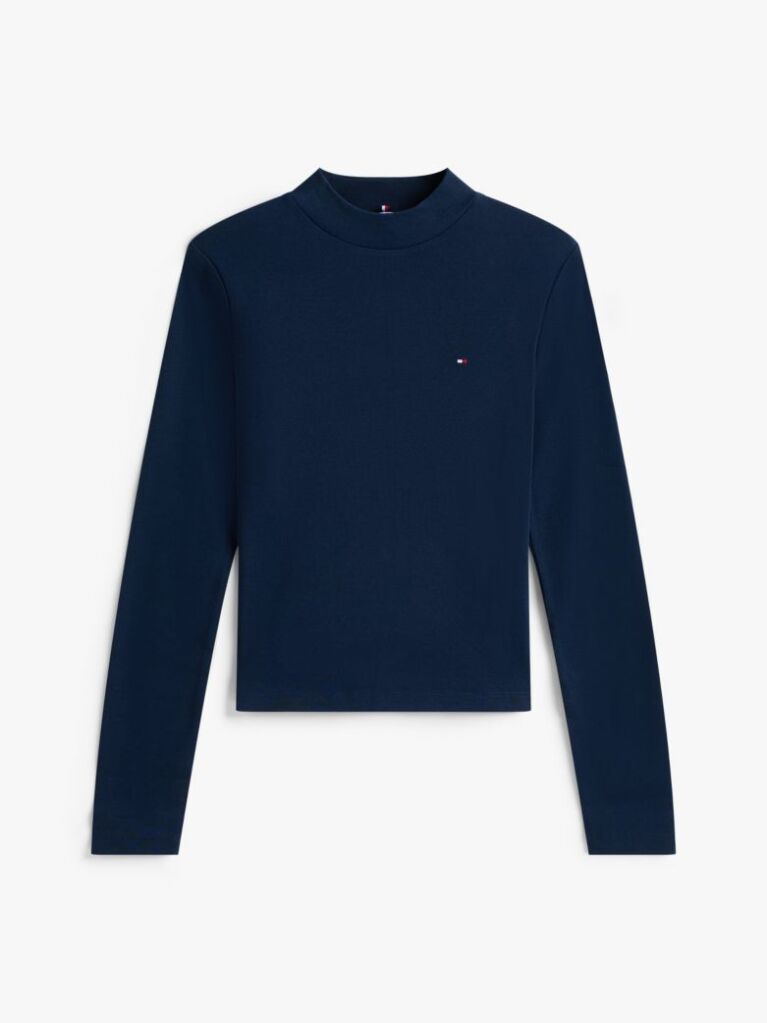 Blue Mock Neck Slim Long Sleeve Top  Women