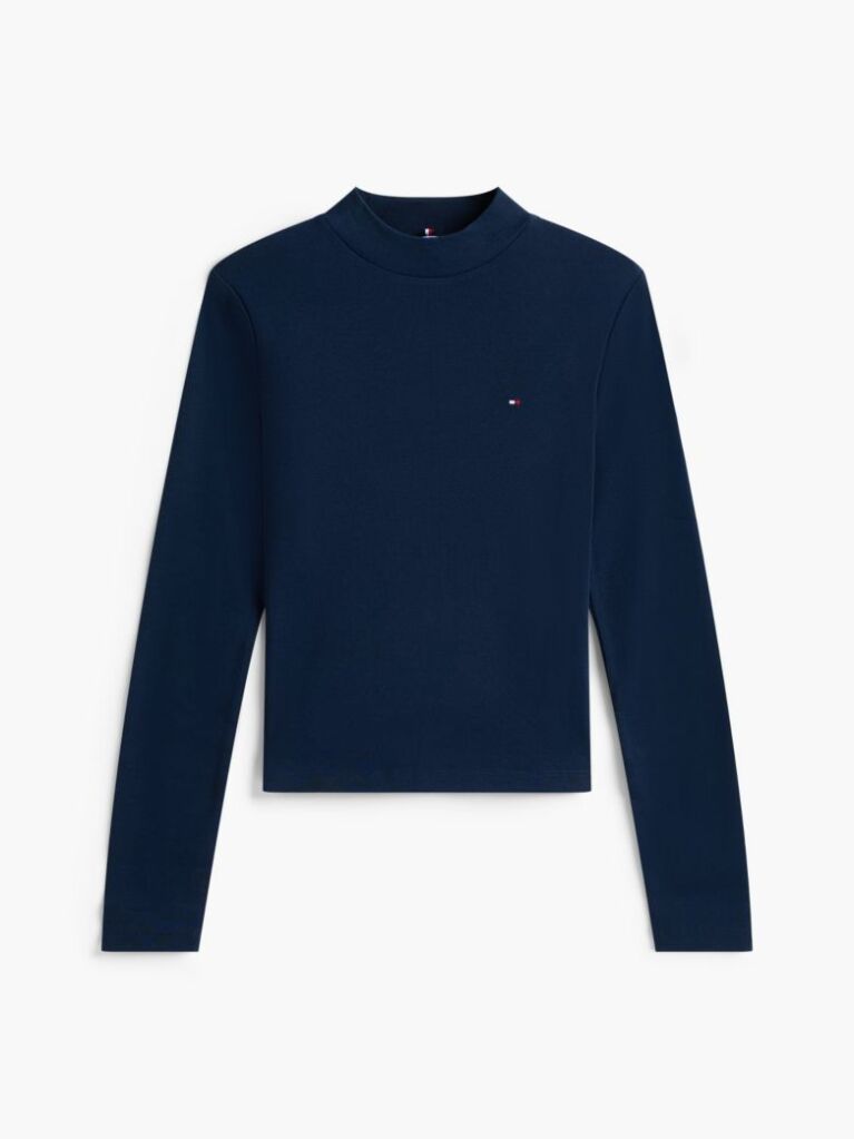 Blue Mock Neck Slim Long Sleeve Top  Women