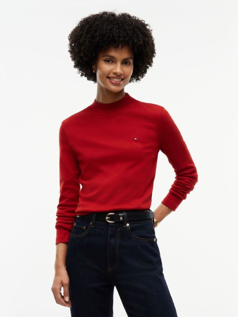 Red Mock Neck Slim Long Sleeve Top  Women