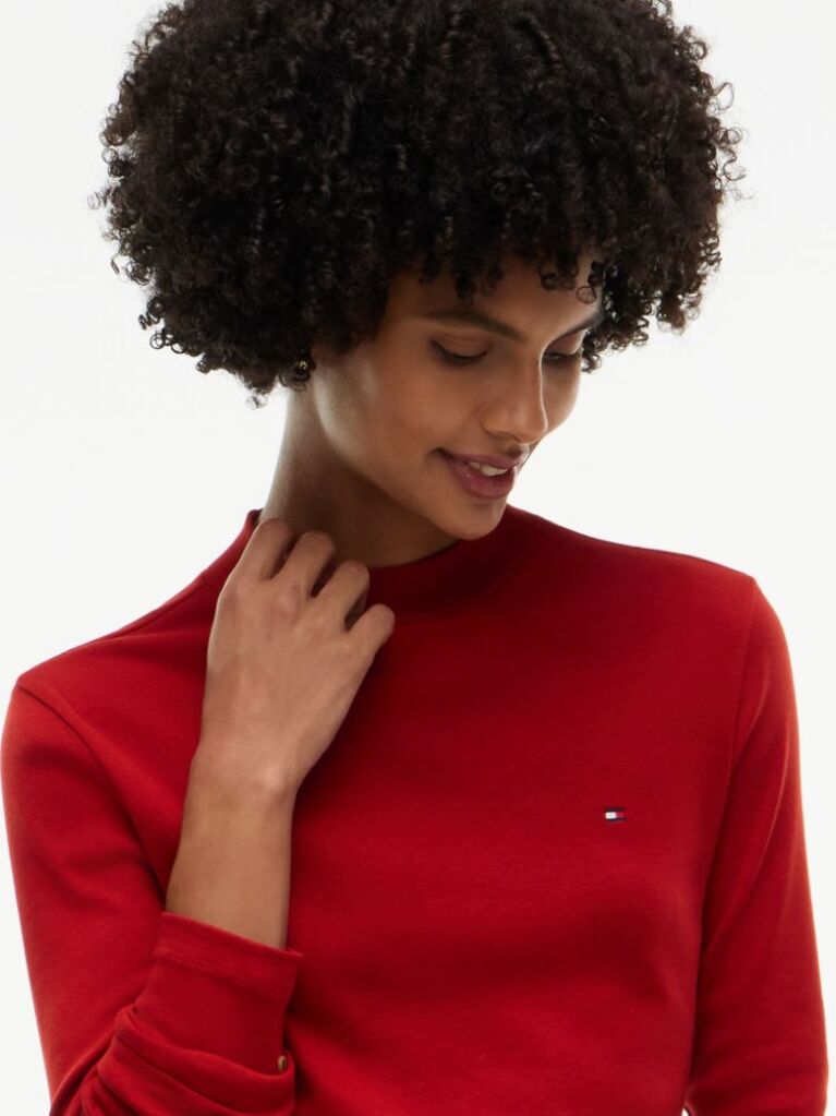 Red Mock Neck Slim Long Sleeve Top  Women
