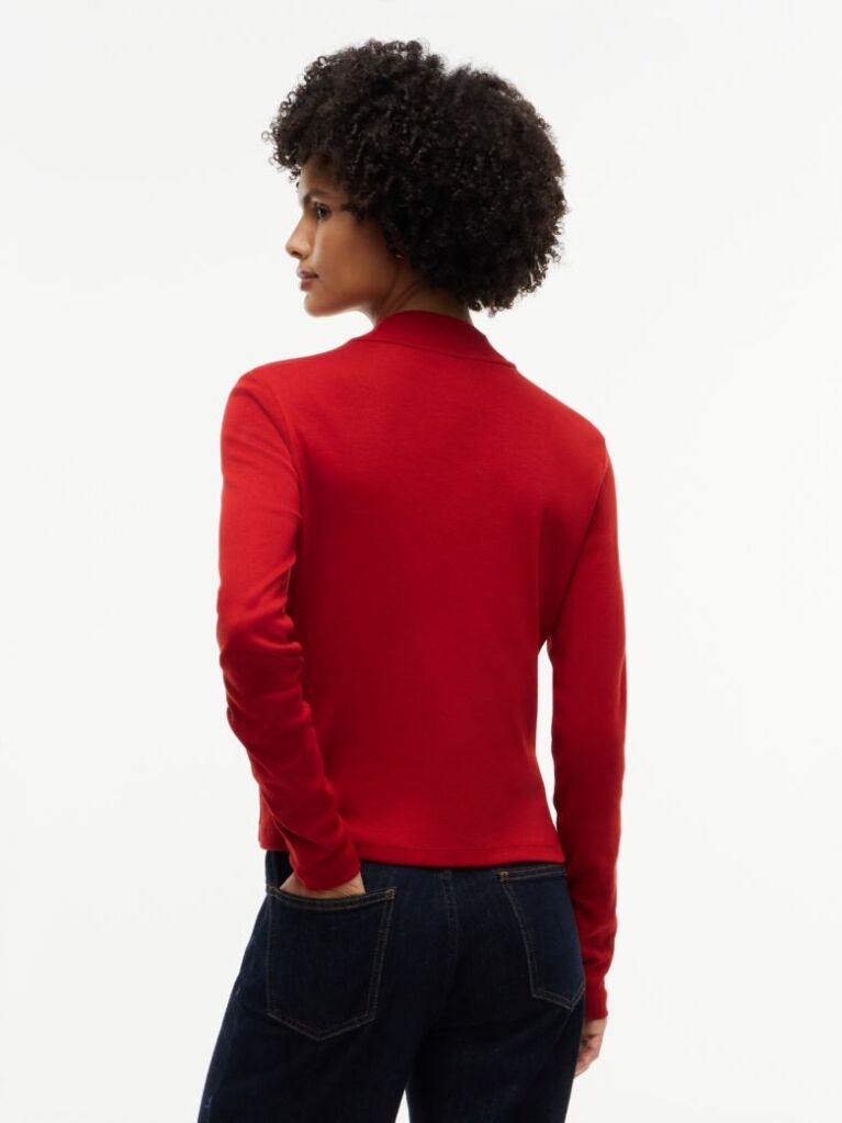 Red Mock Neck Slim Long Sleeve Top  Women