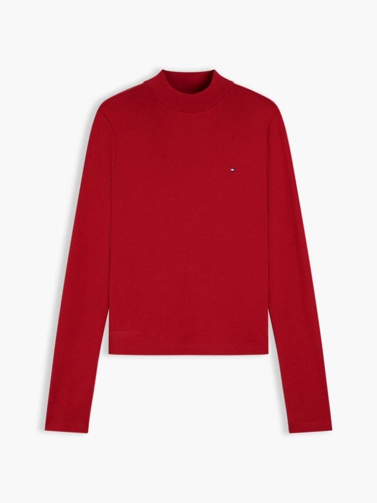 Red Mock Neck Slim Long Sleeve Top  Women