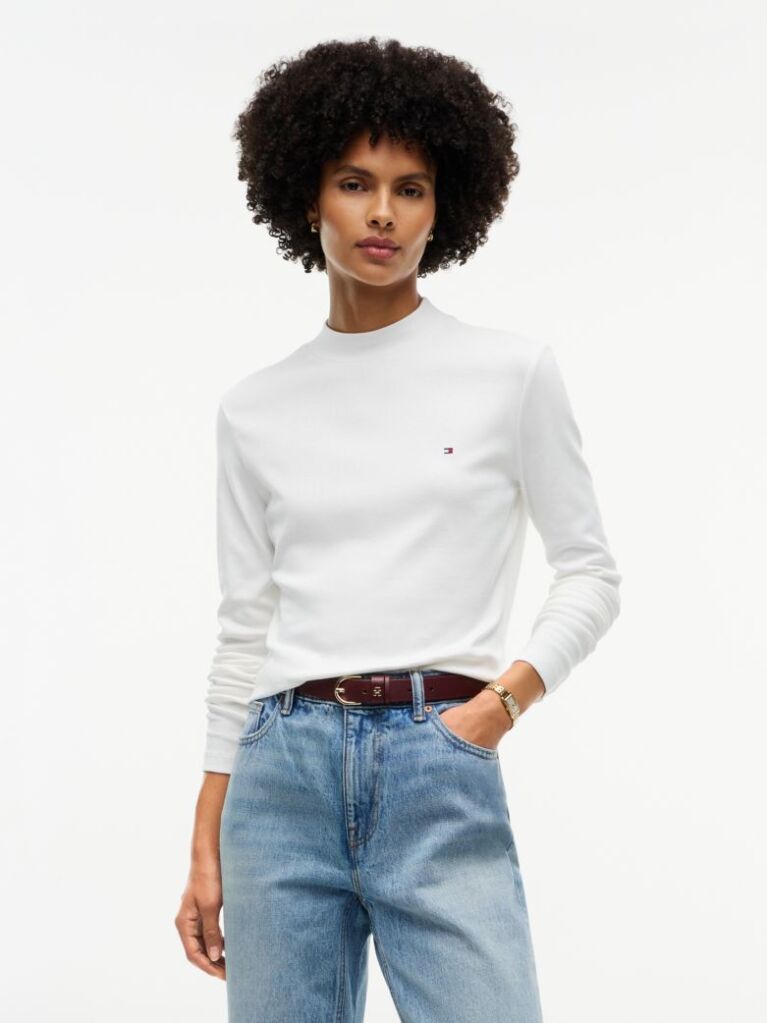 Beige Mock Neck Slim Long Sleeve Top  Women