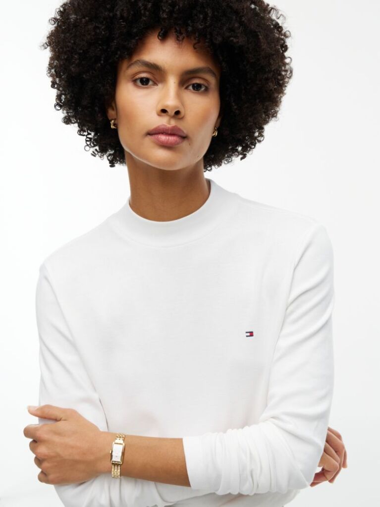 Beige Mock Neck Slim Long Sleeve Top  Women