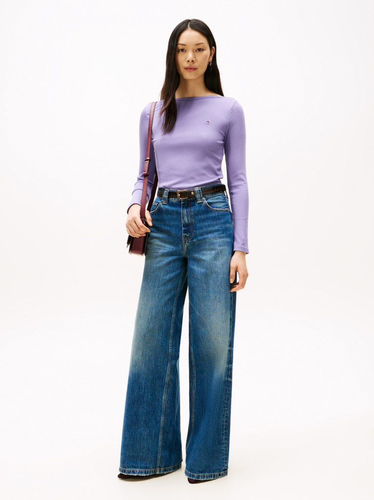 Purple Ribbed Slim Boat Neck T-Shirt  Women