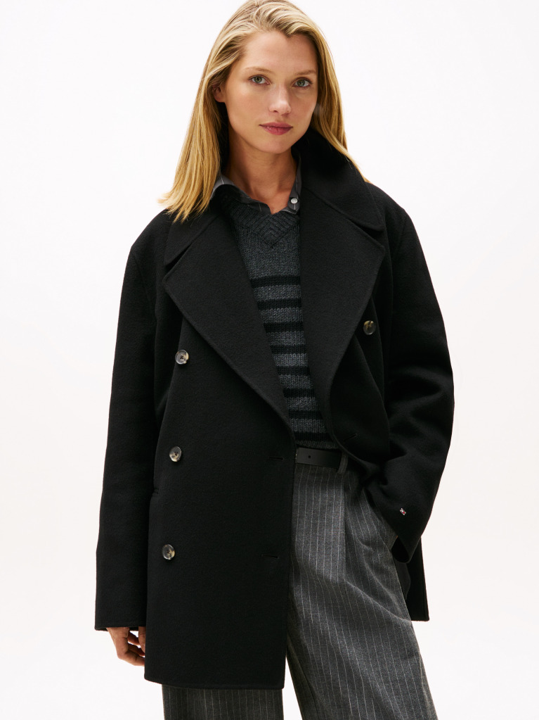 Black Wool Blend Double Breasted Peacoat  Women