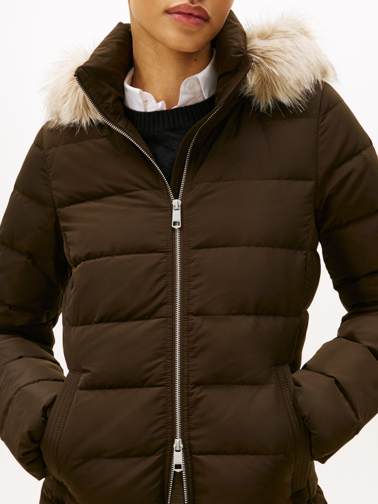 Brown Faux Fur Hood Down Puffer Coat  Women
