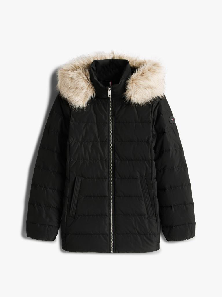 Black Faux Fur Hood Down Puffer Jacket  Women