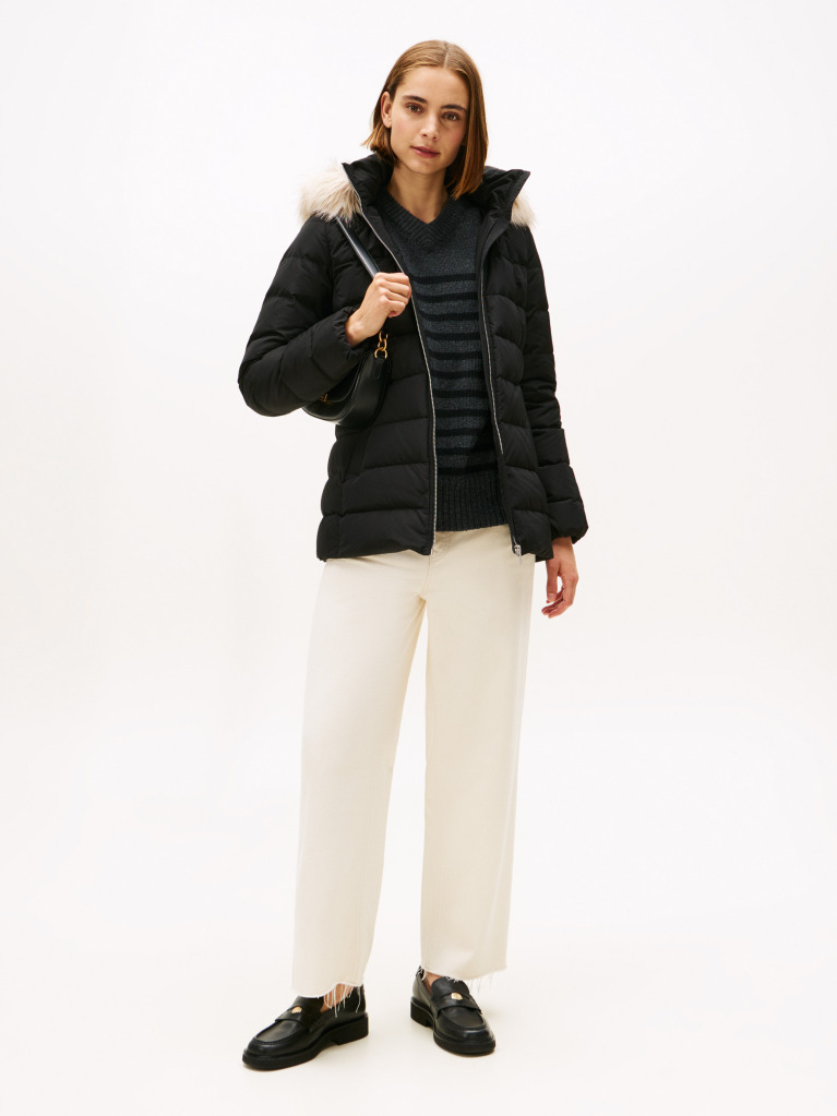 Black Faux Fur Hood Down Puffer Jacket  Women