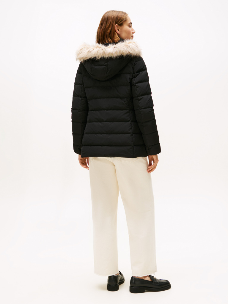 Black Faux Fur Hood Down Puffer Jacket  Women
