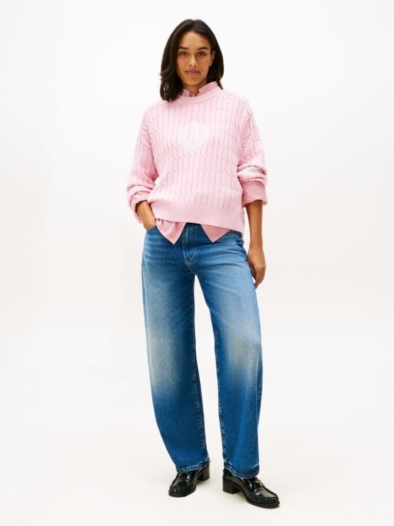 Pink Logo Embroidery Relaxed Cable Knit Jumper  Women