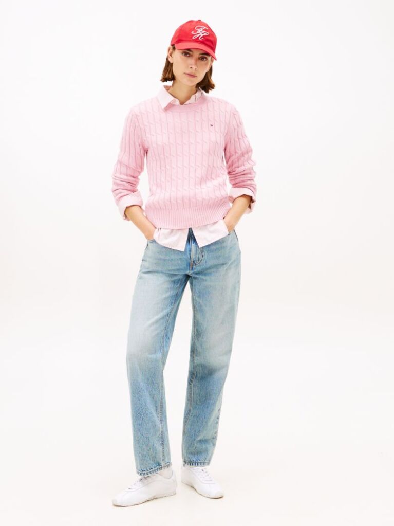 Pink Cable Knit Crew Neck Jumper  Women