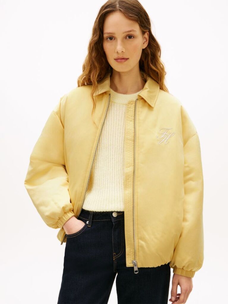 Yellow Water Repellent Satin Relaxed Padded Jacket  Women