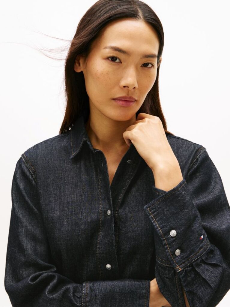 Blue Relaxed Fit Flag Embroidery Denim Shirt  Women