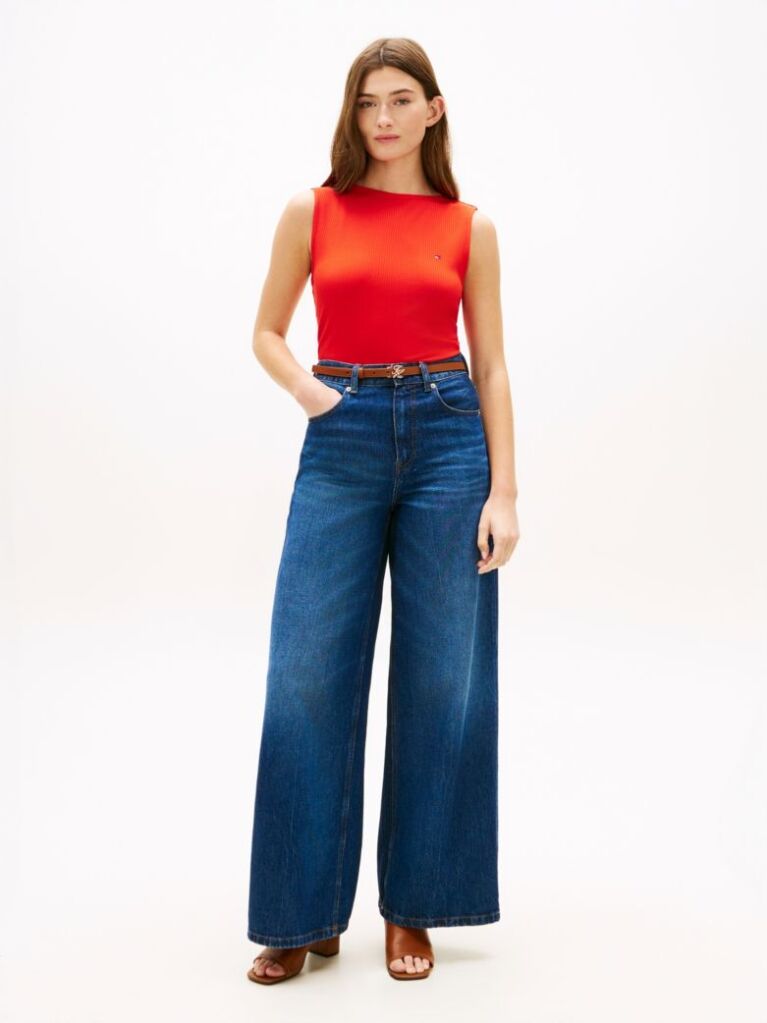 Red Ribbed Slim Boat Neck Tank Top  Women