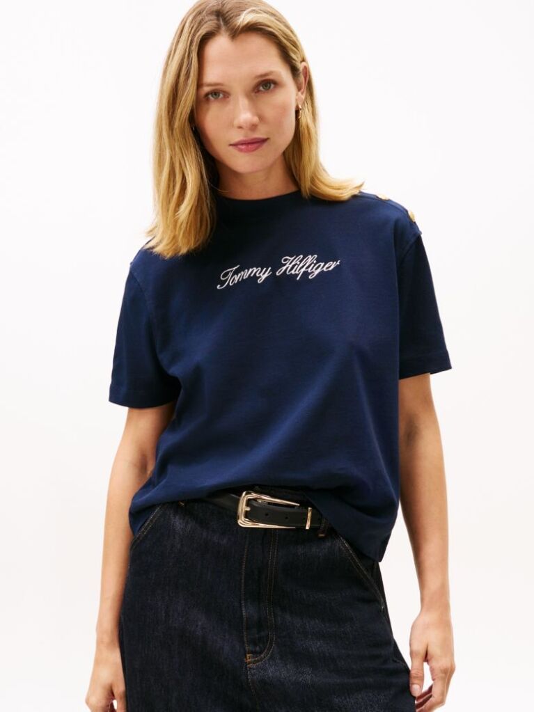 Blue Gold-Tone Button Logo Embroidery Relaxed T-Shirt  Women