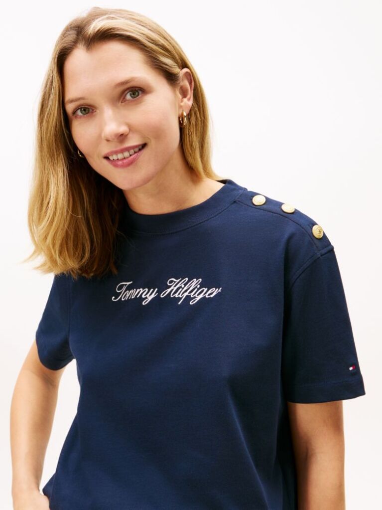 Blue Gold-Tone Button Logo Embroidery Relaxed T-Shirt  Women