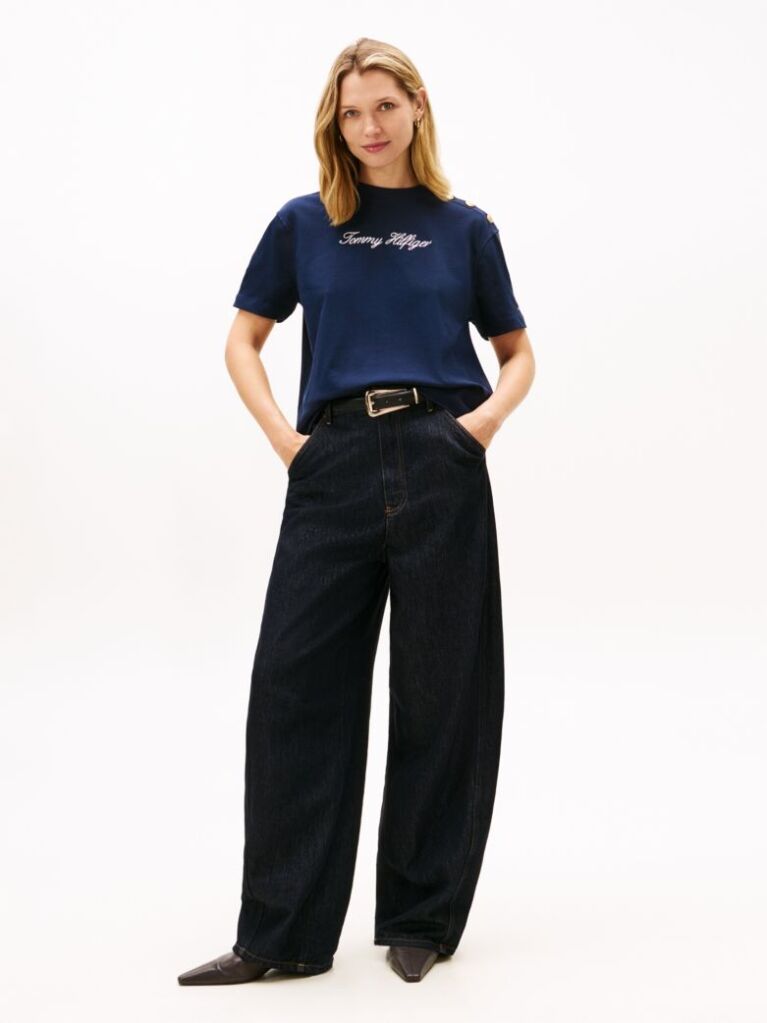 Blue Gold-Tone Button Logo Embroidery Relaxed T-Shirt  Women