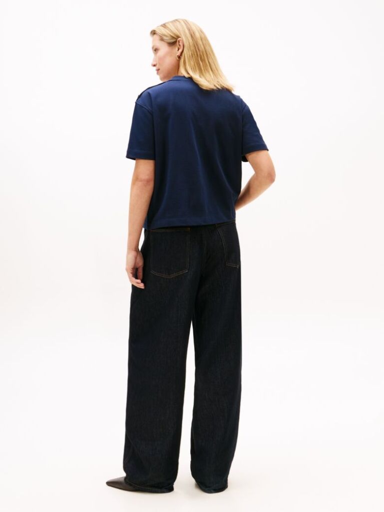 Blue Gold-Tone Button Logo Embroidery Relaxed T-Shirt  Women