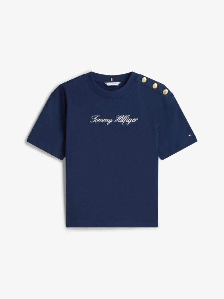 Blue Gold-Tone Button Logo Embroidery Relaxed T-Shirt  Women
