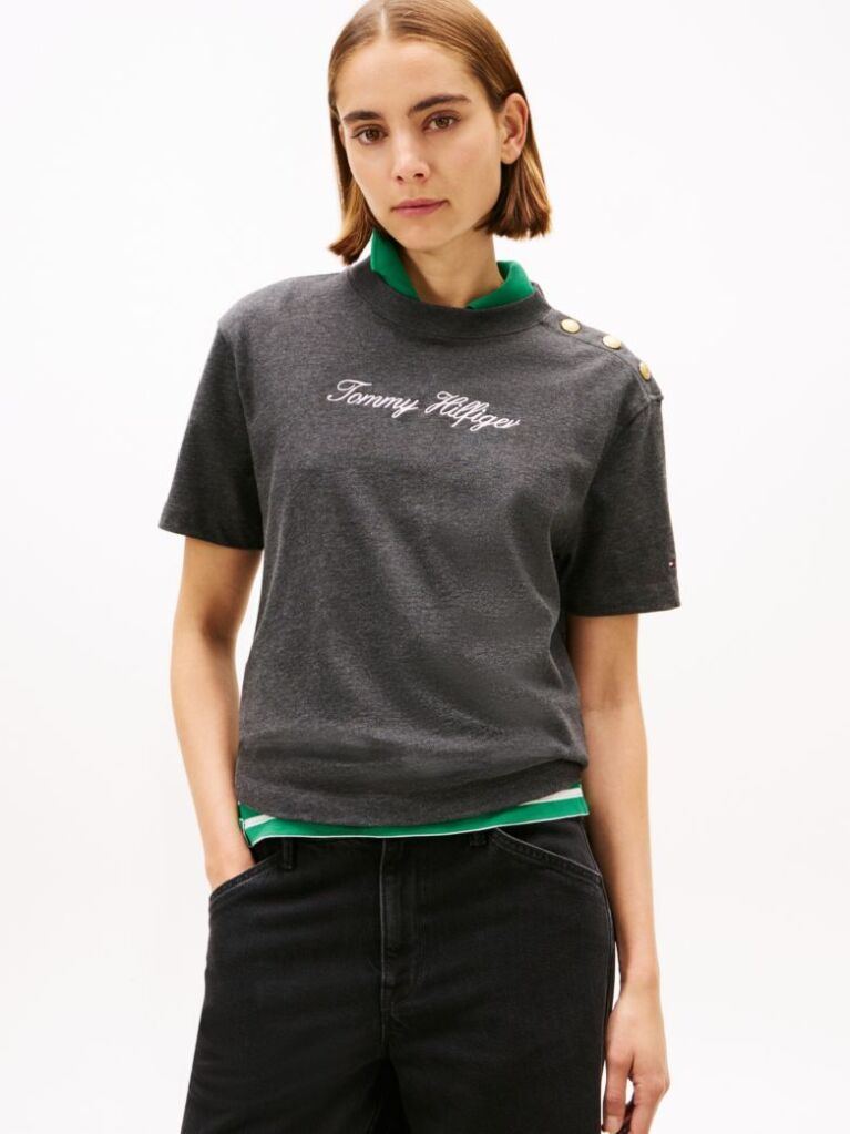 Grey Gold-Tone Button Logo Embroidery Relaxed T-Shirt  Women