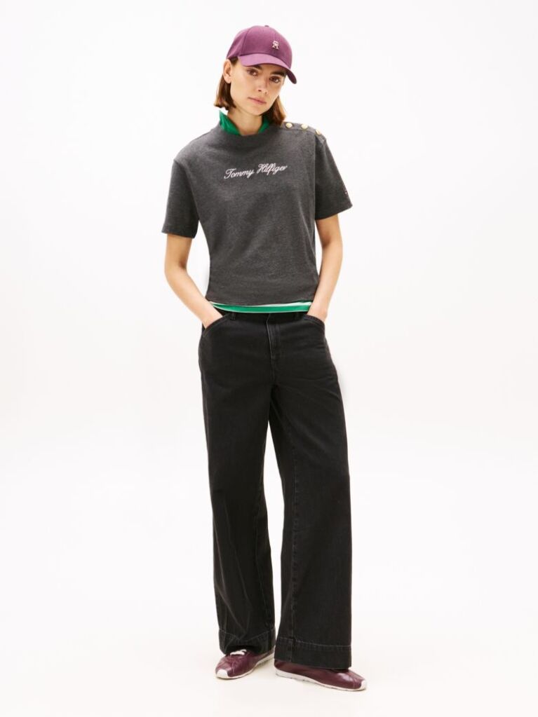 Grey Gold-Tone Button Logo Embroidery Relaxed T-Shirt  Women