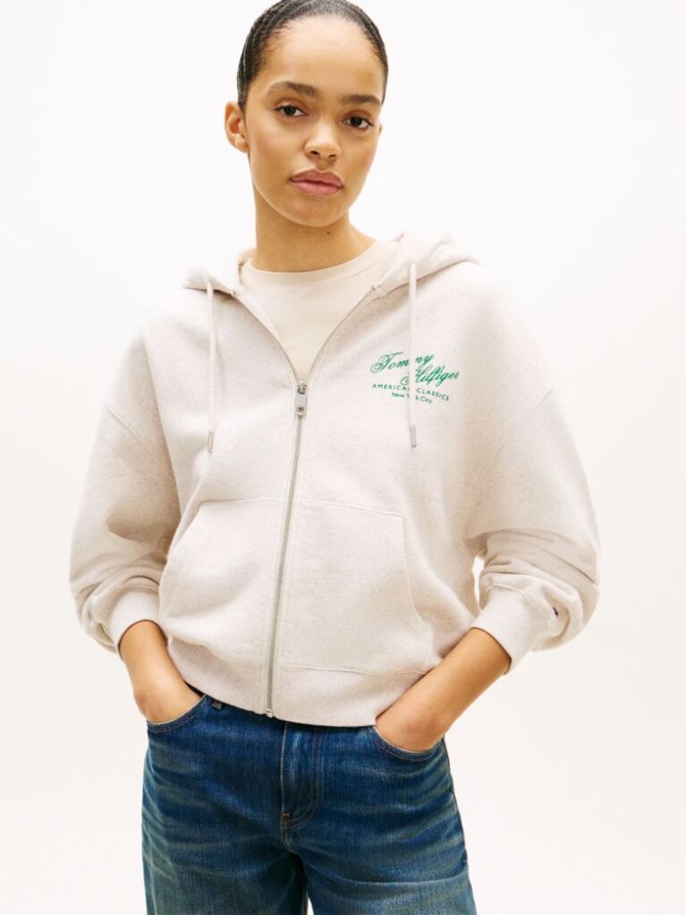 Μπεζ Άνετο Βαμβακερό Hoody Με Φερμουάρ  Γυναίκες
