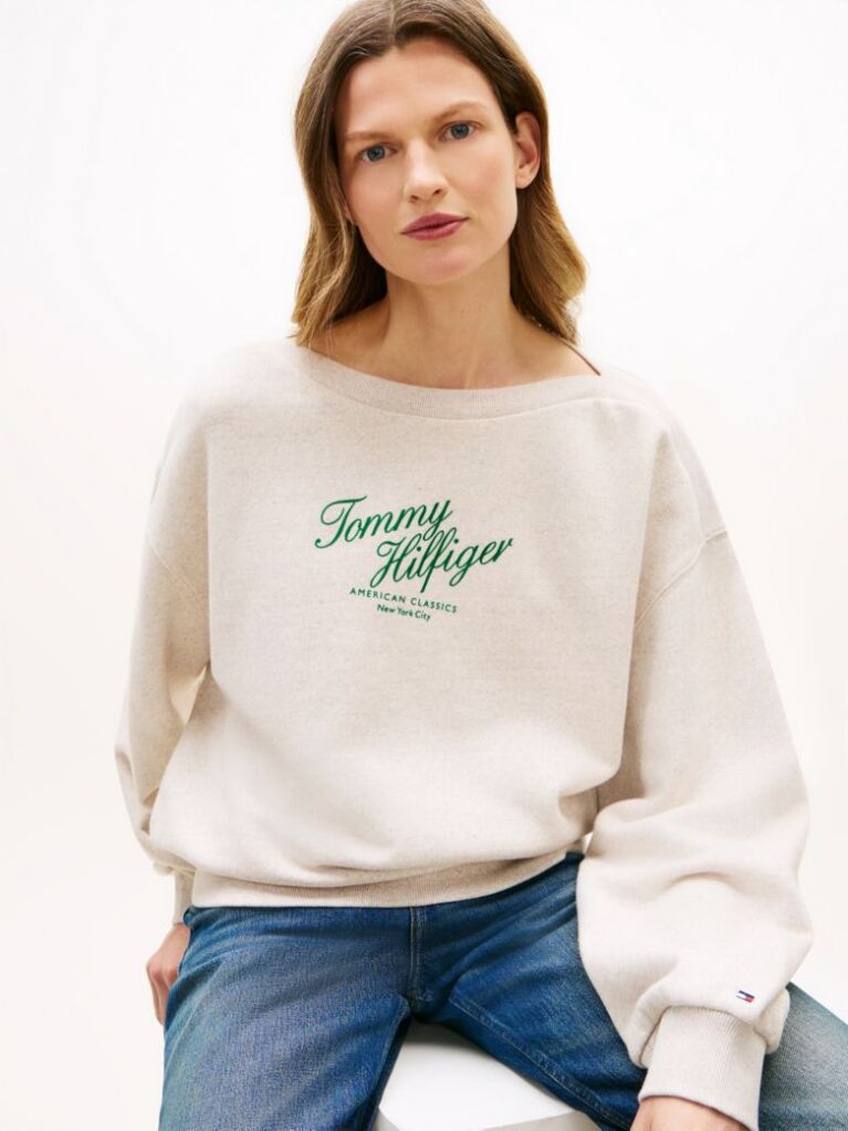 Beige Logo Relaxed Boat Neck Sweatshirt  Women