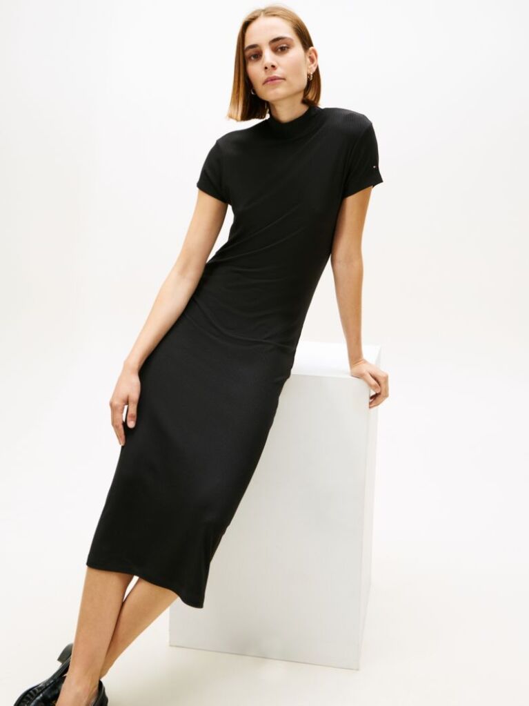 Black Slim Rib Mock Midi Bodycon Dress  Women