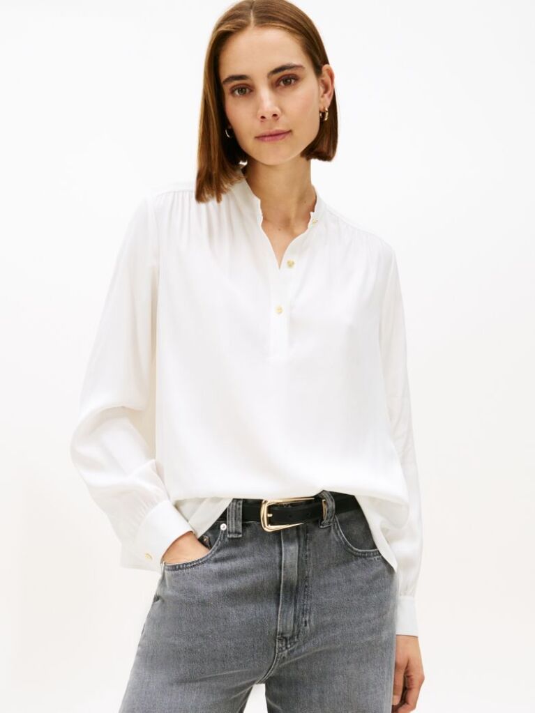 Beige Gold-Tone Button Relaxed Twill Blouse  Women