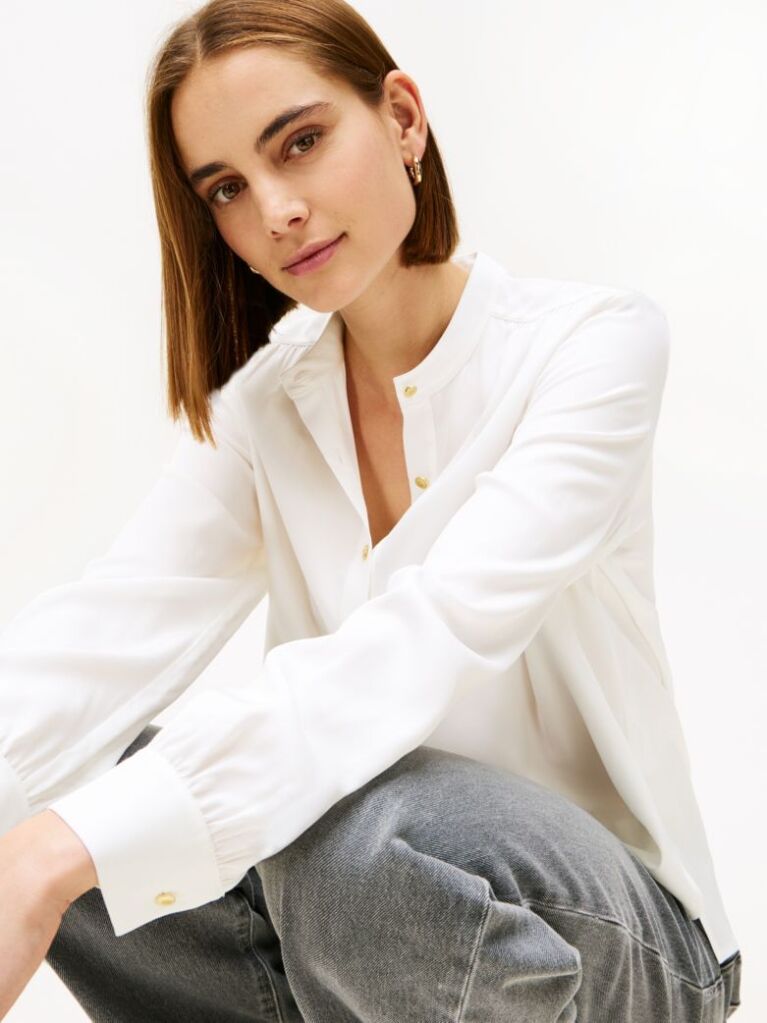 Beige Gold-Tone Button Relaxed Twill Blouse  Women