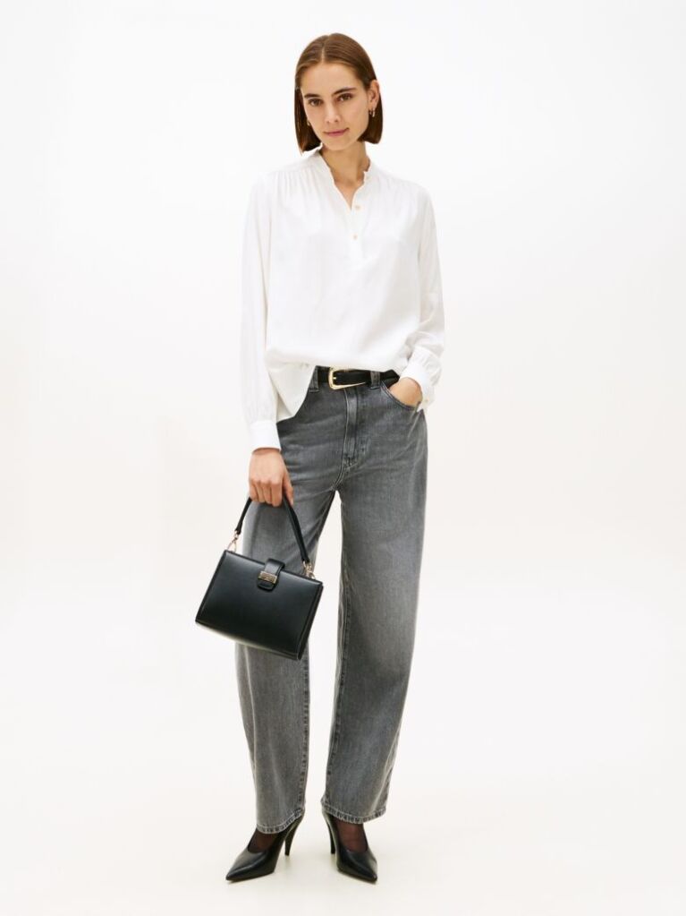 Beige Gold-Tone Button Relaxed Twill Blouse  Women