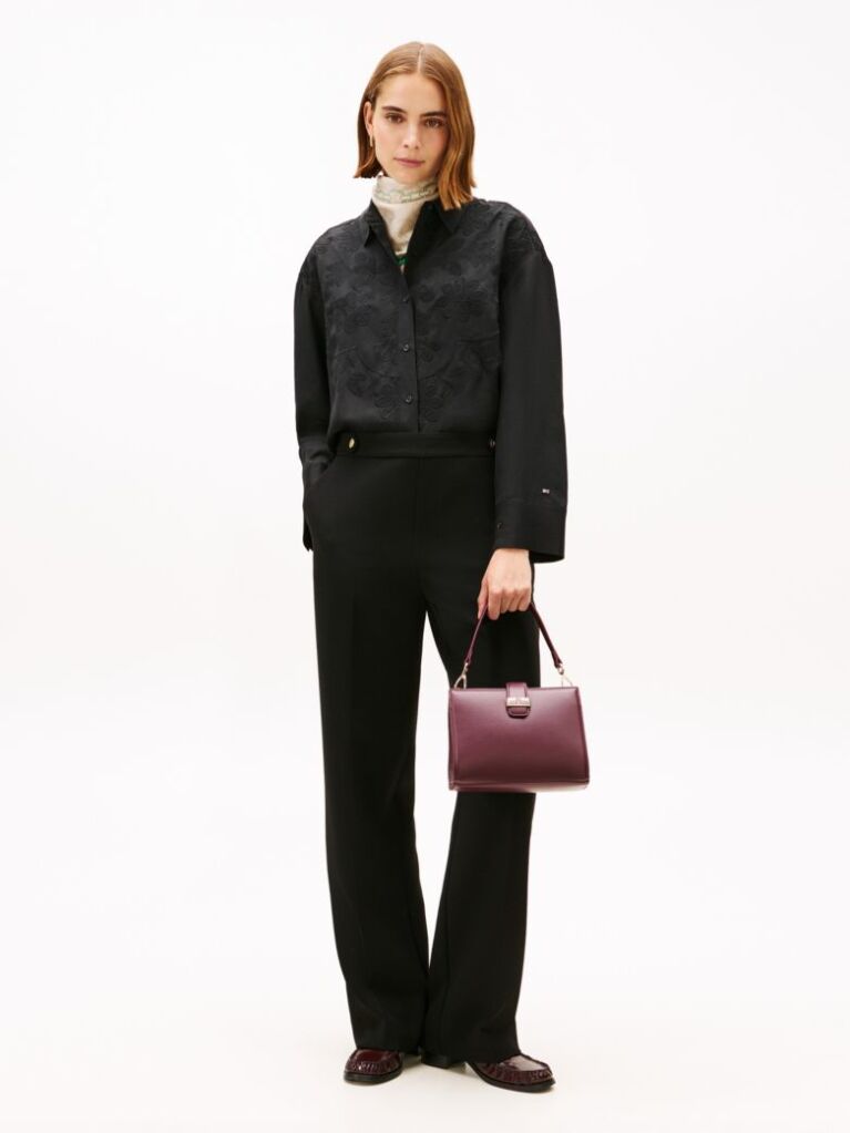Black Floral Embroidery Oversized Fit Shirt With Linen  Women