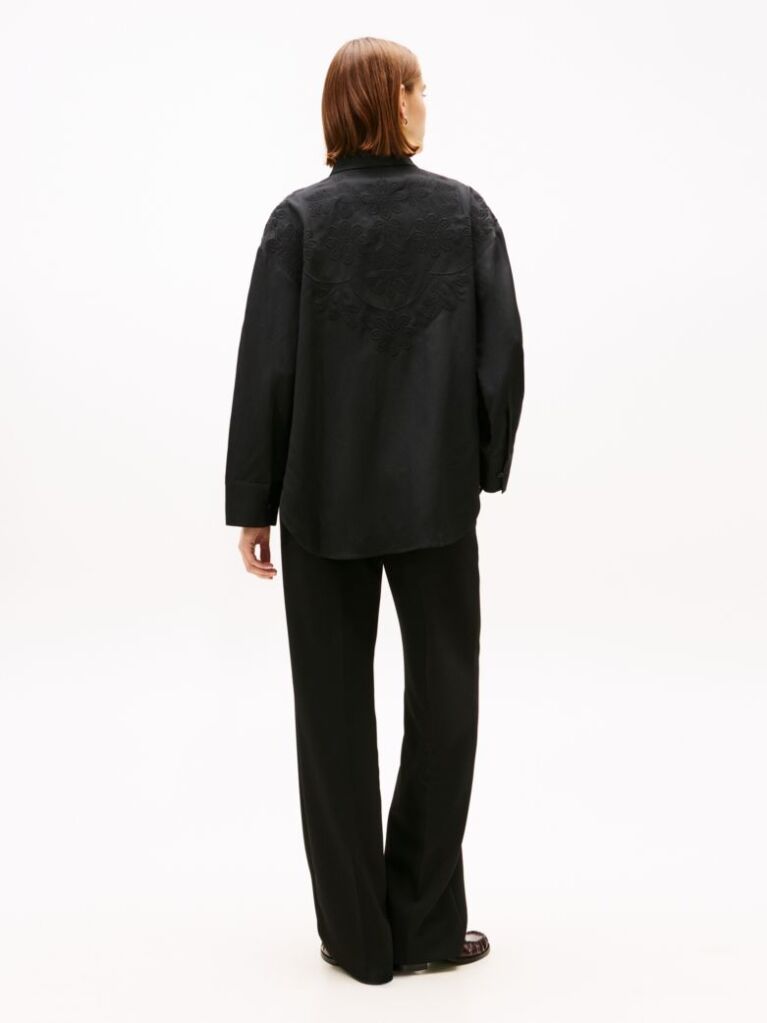Black Floral Embroidery Oversized Fit Shirt With Linen  Women