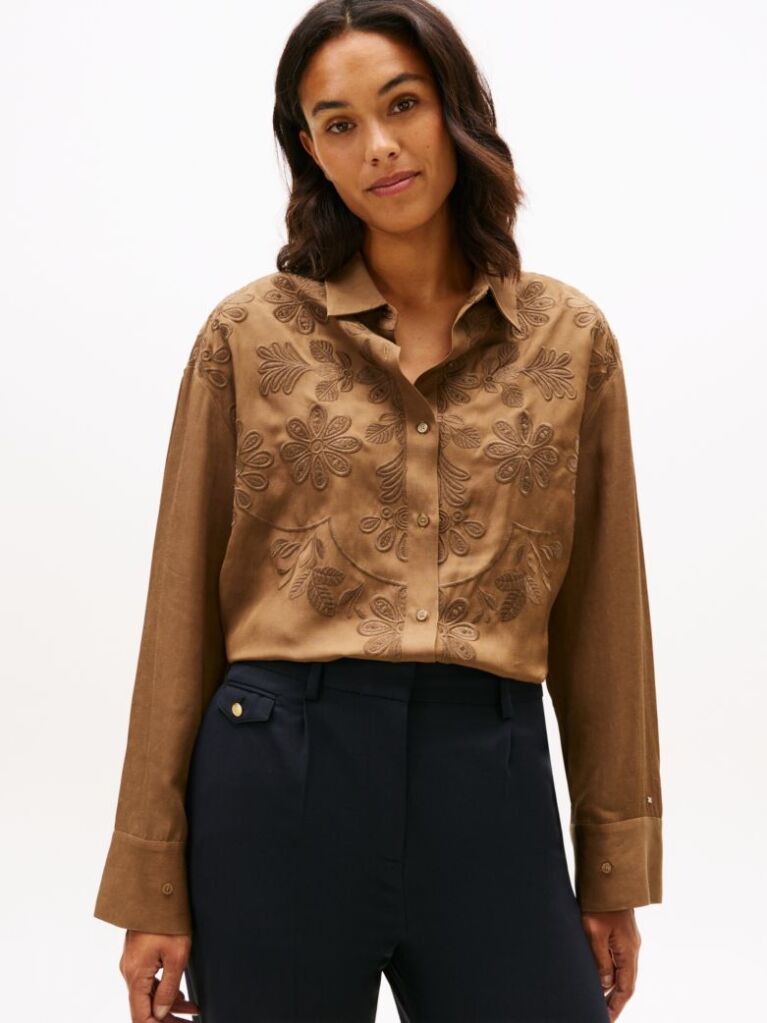 Brown Floral Embroidery Oversized Fit Shirt With Linen  Women