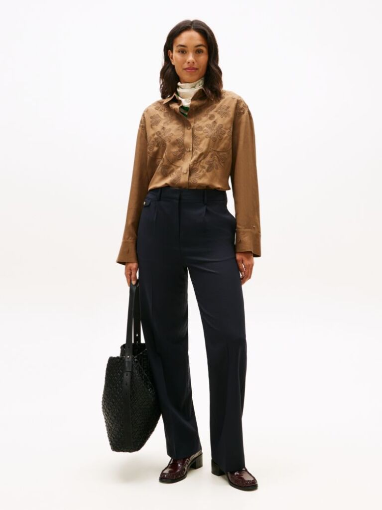 Brown Floral Embroidery Oversized Fit Shirt With Linen  Women