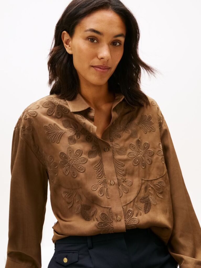 Brown Floral Embroidery Oversized Fit Shirt With Linen  Women