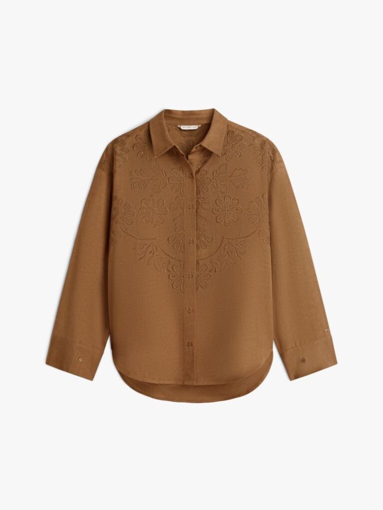 Brown Floral Embroidery Oversized Fit Shirt With Linen  Women