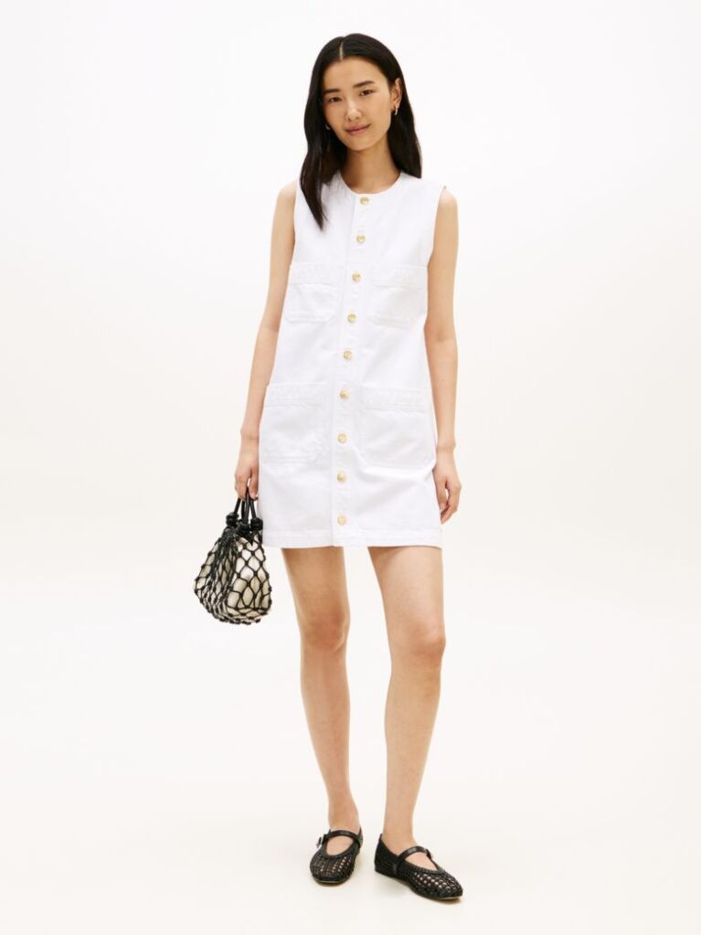 White Gold-Tone Button Denim Mini Shift Dress  Women