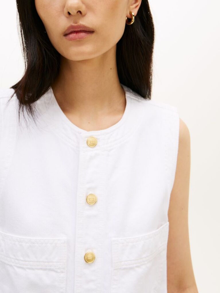 White Gold-Tone Button Denim Mini Shift Dress  Women
