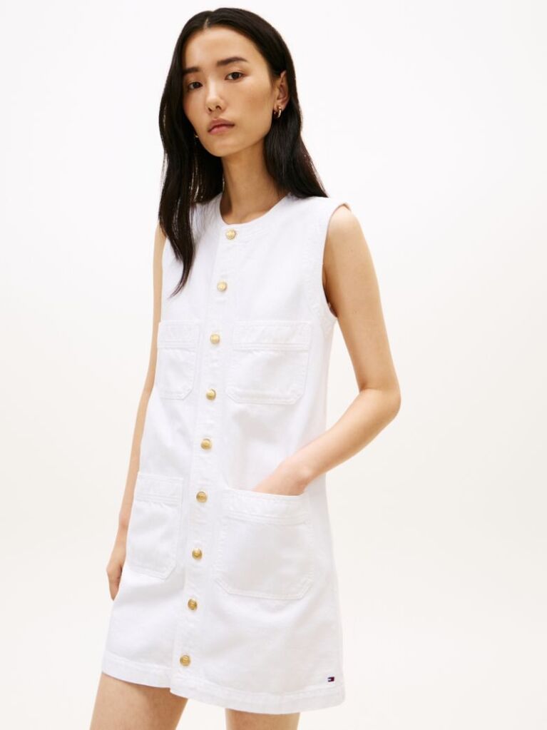 White Gold-Tone Button Denim Mini Shift Dress  Women