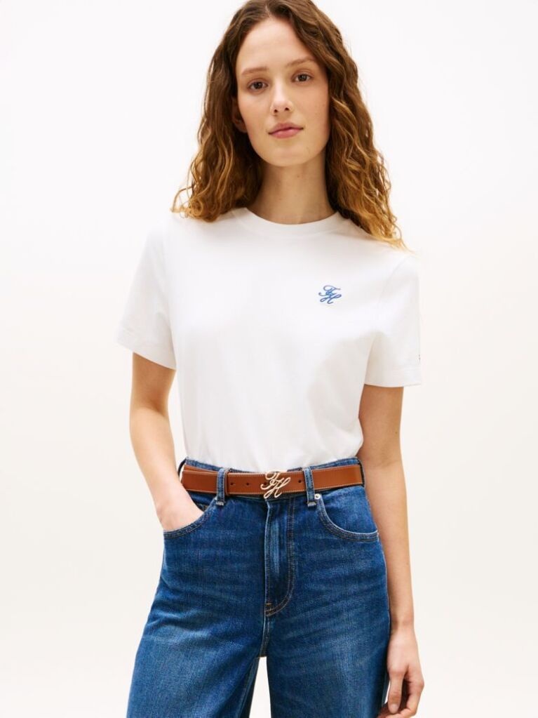 Άσπρο T-Shirt Με Κλασική Λαιμόκοψη Και Κεντητό Λογότυπο  Γυναίκες