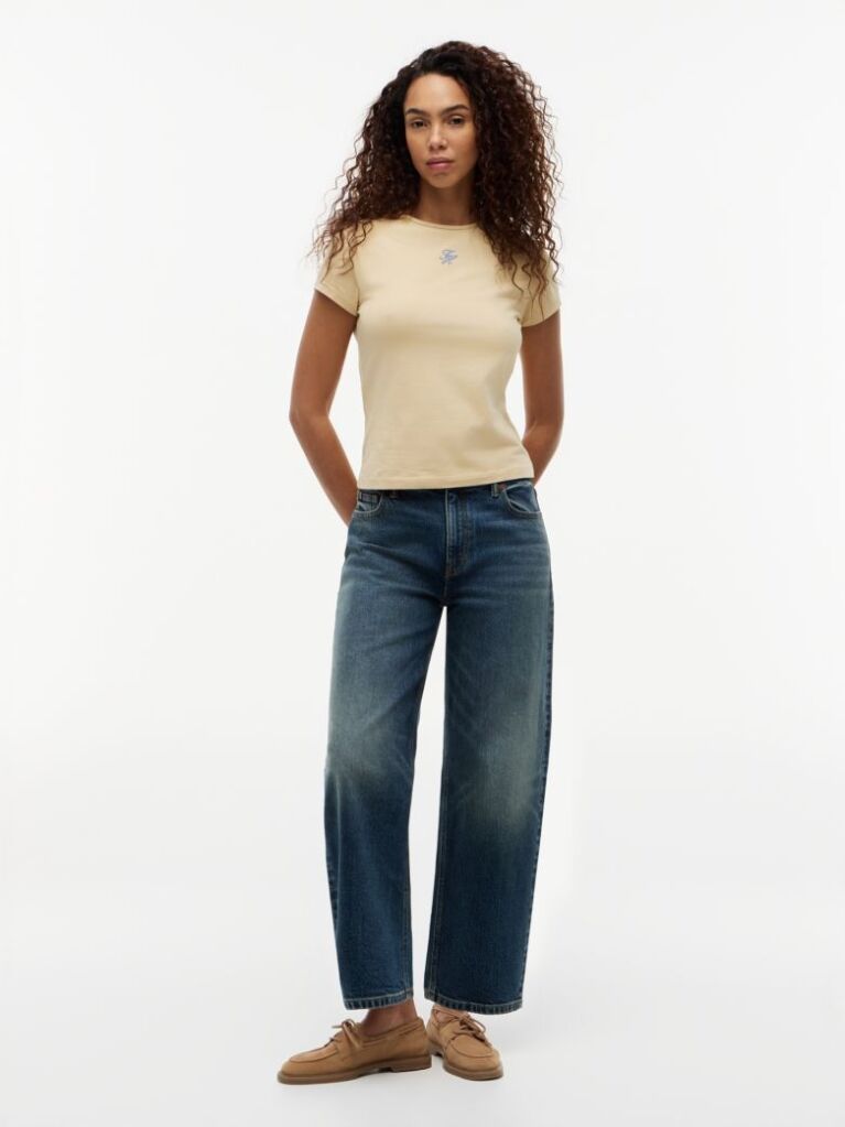 Μπεζ Slim Βαμβακερό T-Shirt Με Λογότυπο  Γυναίκες