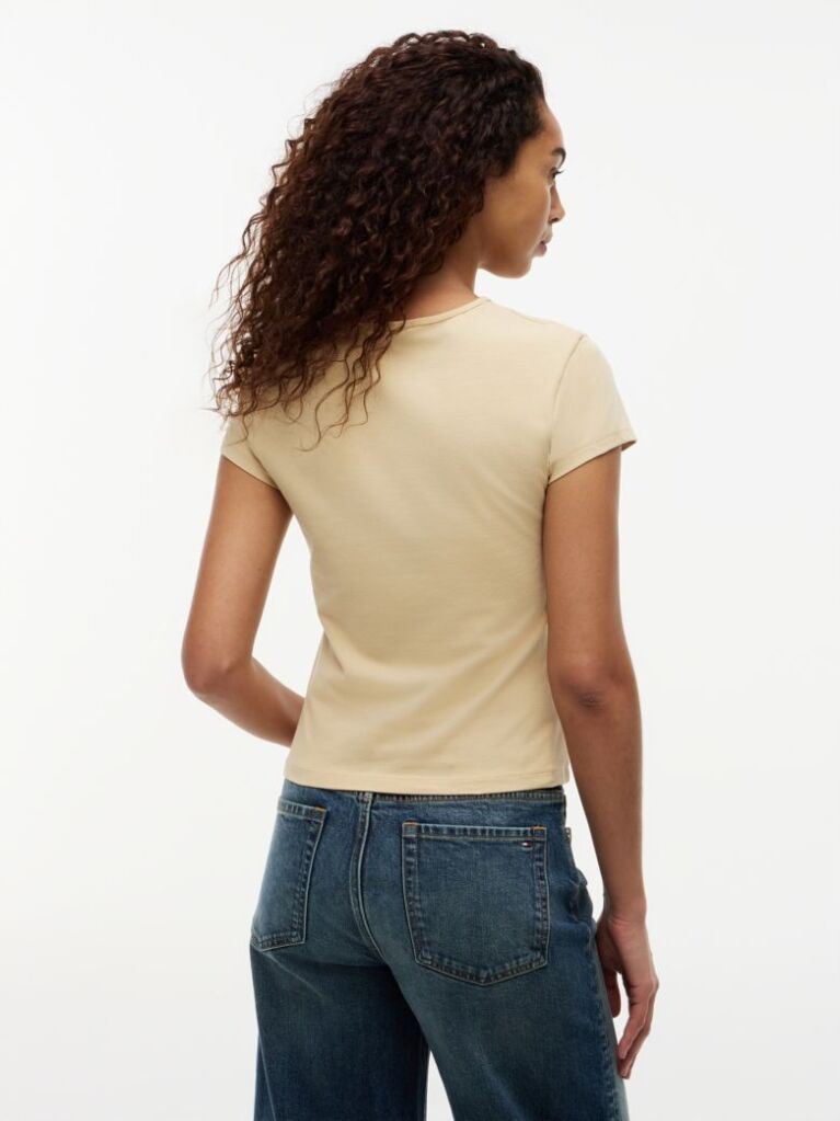 Μπεζ Slim Βαμβακερό T-Shirt Με Λογότυπο  Γυναίκες