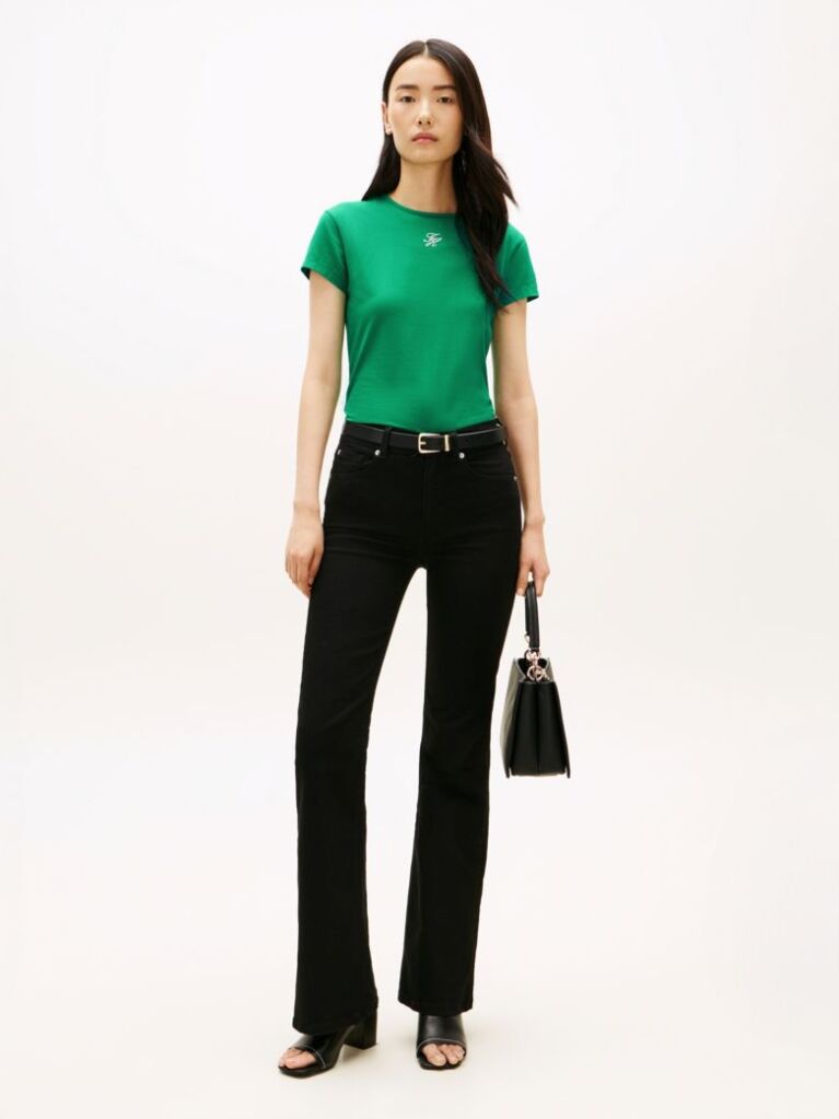 Green Textured Logo Slim Jersey T-Shirt  Women