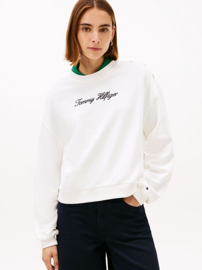 Beige Gold-Tone Button Sweatshirt  Women