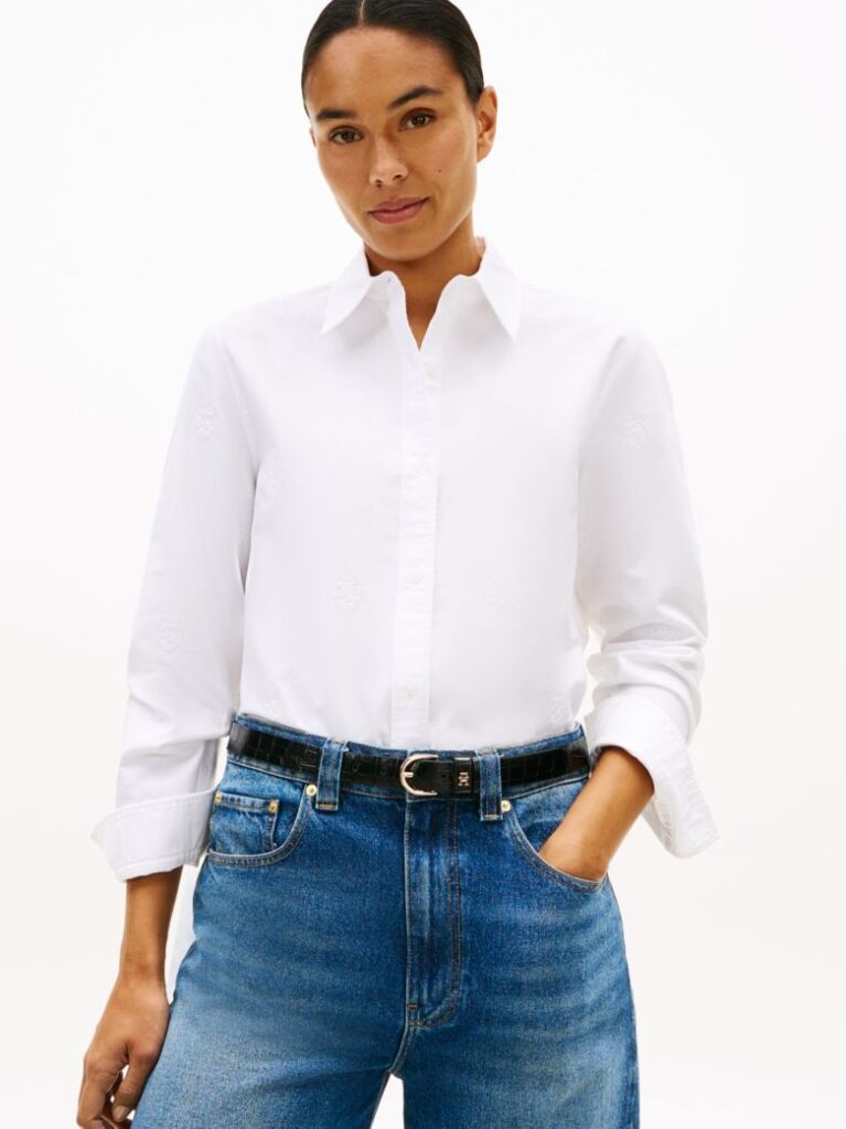 White Relaxed Fit TH Crest Embroidery Oxford Shirt  Women