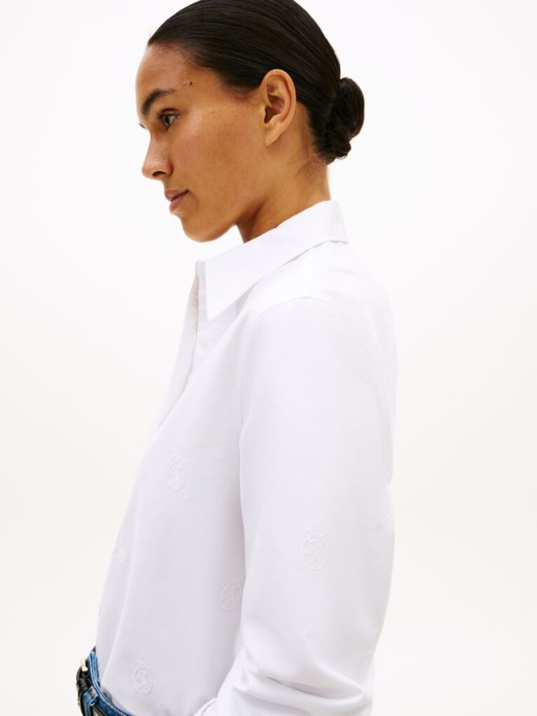 White Relaxed Fit TH Crest Embroidery Oxford Shirt  Women