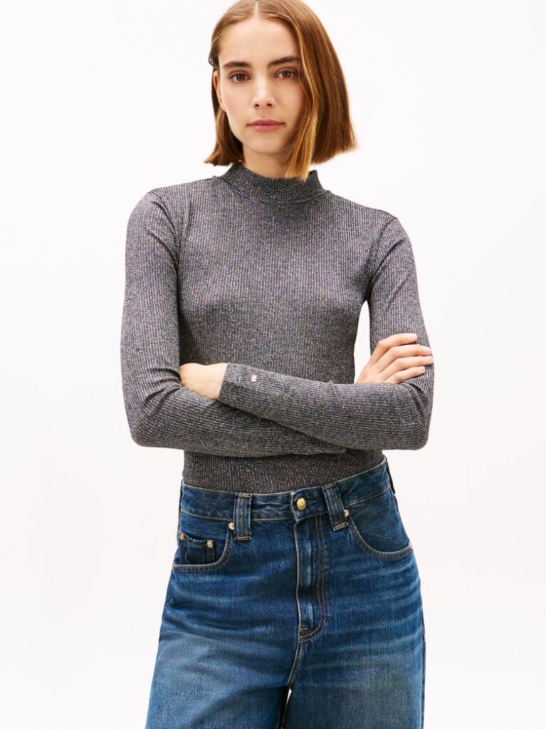 Grey Festive Metallic Slim Long Sleeve Top  Women